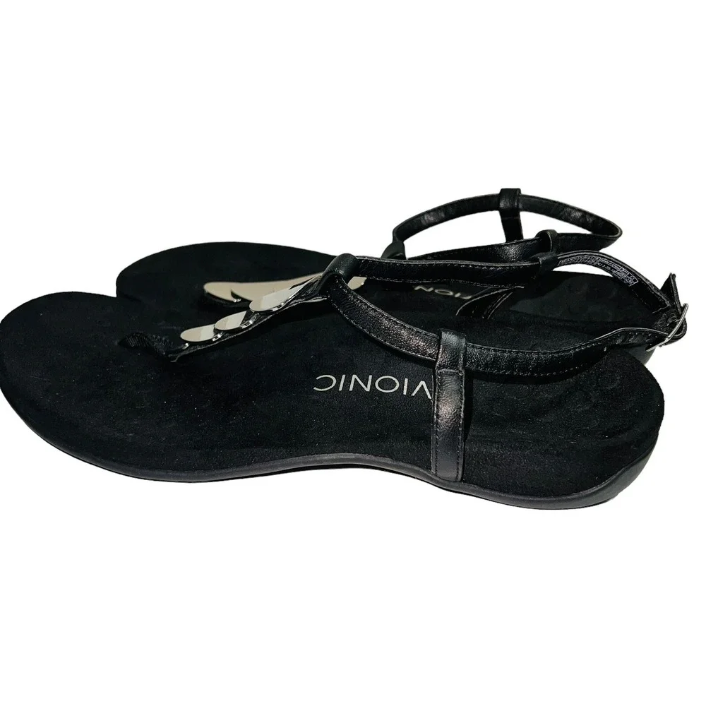 Vionic Orthaheel Miami Womens Leather T-Strap Sandals Slides Size 9 Black Silver